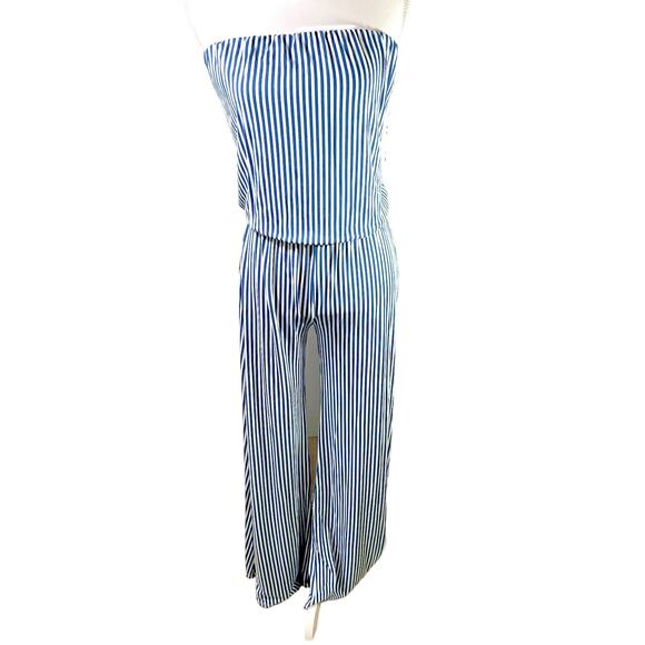 Tart Collections Blue White Stripe Strapless Elastic Waist Wide Leg Jumpsuit - Picture 1 of 6